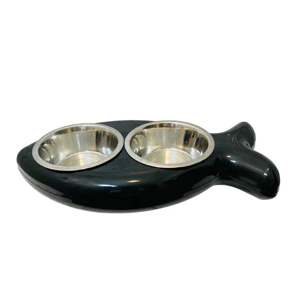 Cat Dish Fish Shaped, Black and Chrome by Blink